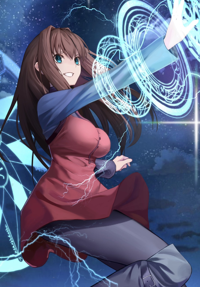 1girl, aozaki_aoko, blue_eyes, blue_shirt, breasts, brown_hair, casting_spell, dress
