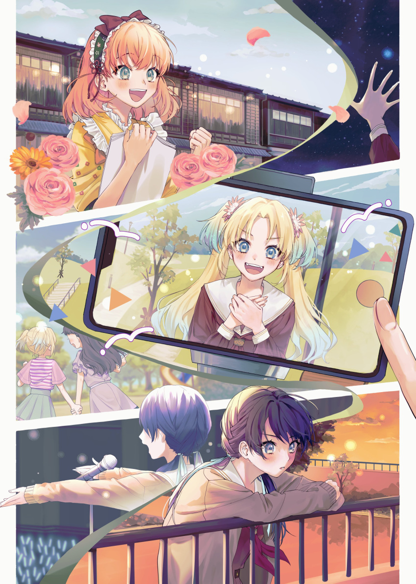 4girls, :d, absurdres, against_railing, azuma_(no488888), blonde_hair, blue_hair, blue_ribbon