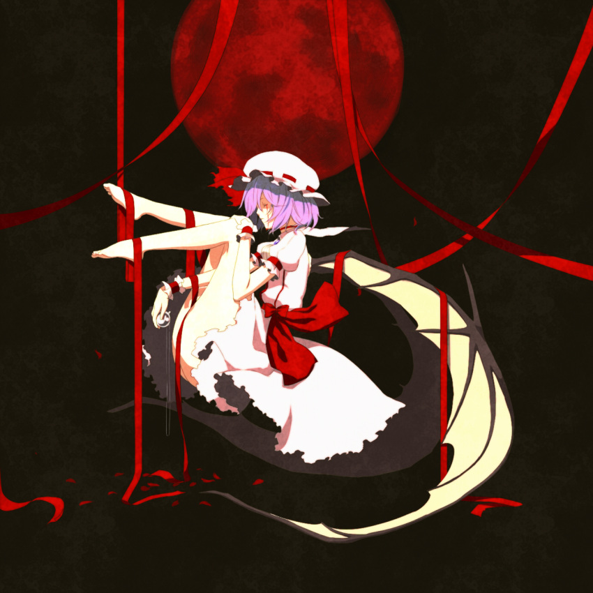 blood, bloody_tears, bow, closed_eyes, dress, feet, full_moon, hat