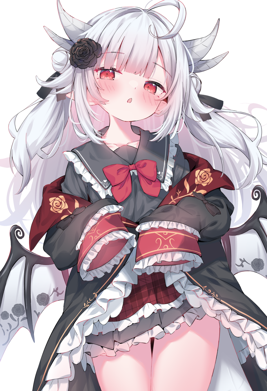 1girl, black_coat, black_dress, black_flower, black_ribbon, black_rose, blush, bow