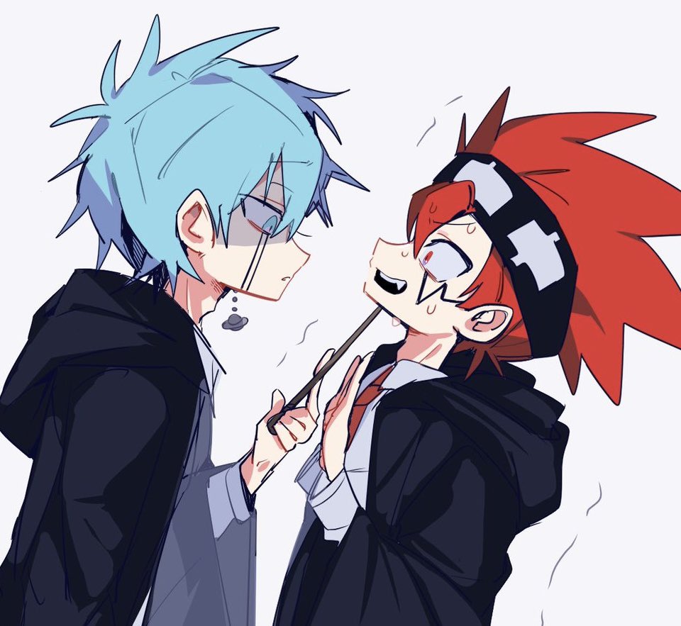 2boys, black_robe, blue_hair, collared_shirt, daut_barret, earrings, facial_mark, headband, jewelry, lance_crown, mashle, multiple_boys, necktie, open_mouth, red_eyes, red_necktie, redhead, robe, shirt, siiii_6918, spiky_hair, sweat, wand, white_shirt