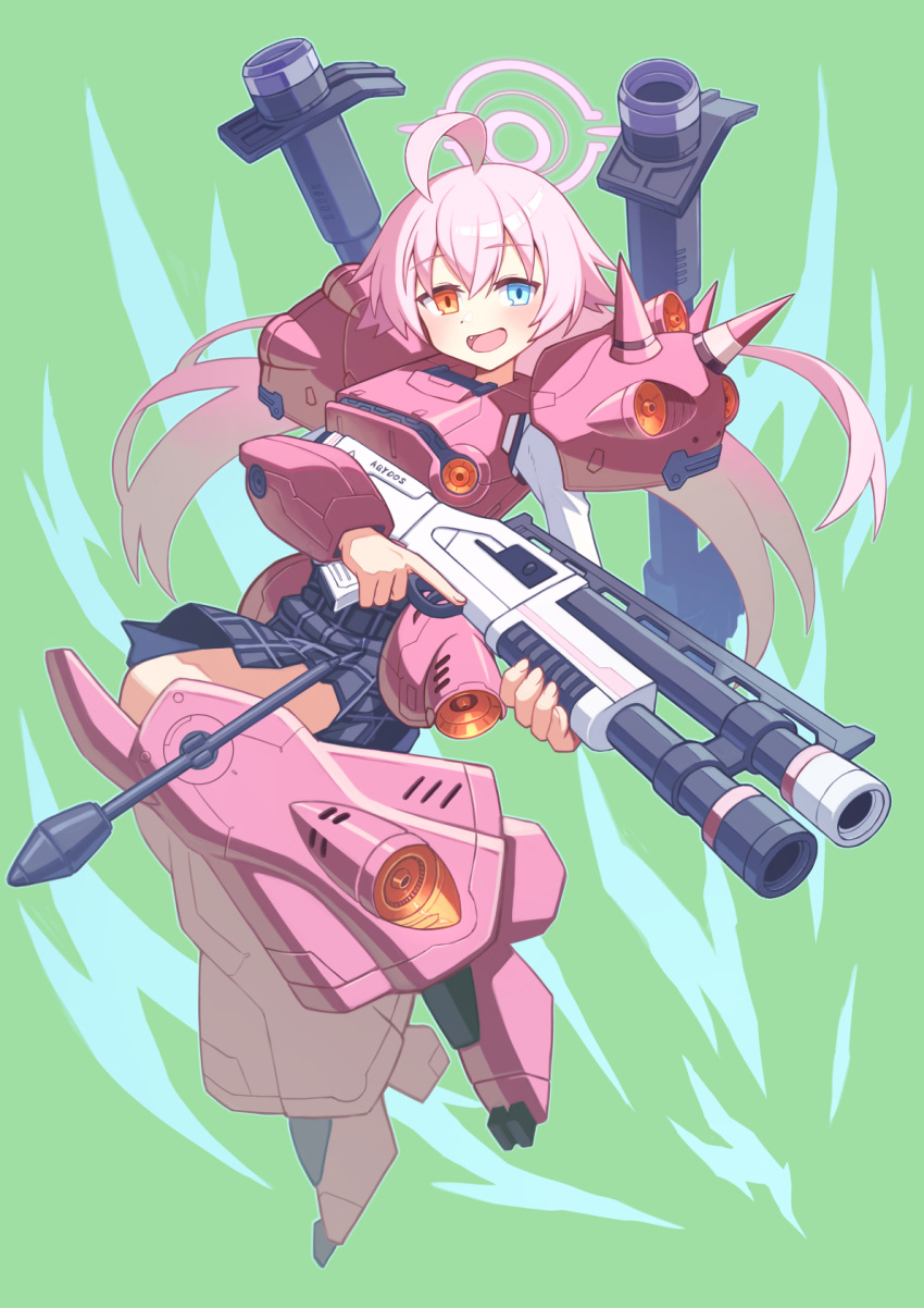 1girl, ahoge, armor, bazooka_(gundam), beretta_1301, black_skirt, blue_archive, blue_eyes