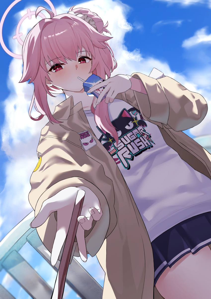 1girl, absurdres, ahoge, bare_legs, blue_archive, blue_sky, blush, bureoeve