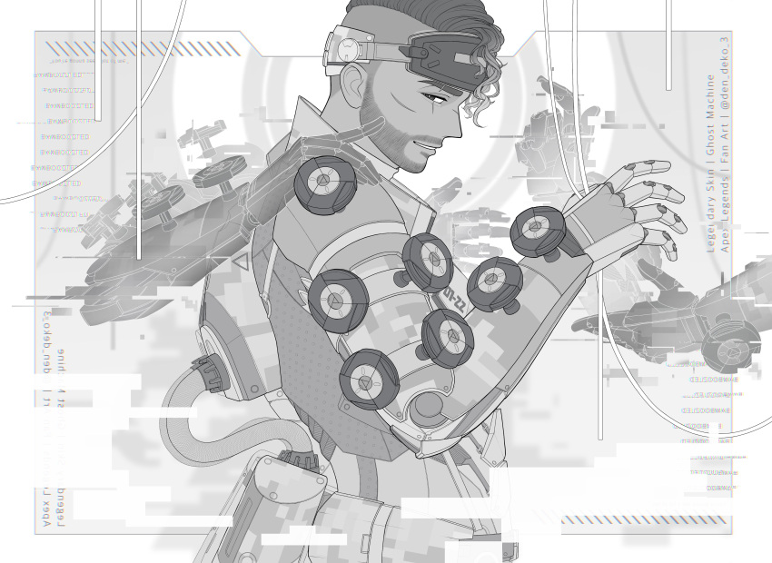 1boy, absurdres, animification, apex_legends, asymmetrical_hair, cable, camouflage, copyright_name