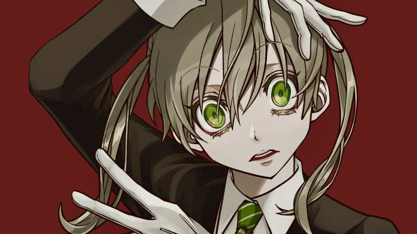 1girl, arms_up, blonde_hair, cardigan, collared_shirt, crazy_smile, gloves, green_eyes, green_necktie, hasda, highres, looking_at_viewer, maka_albarn, necktie, posing, red_background, shirt, sleeve_cuffs, smile, solo, soul_eater, striped_necktie, twintails, white_gloves, white_shirt