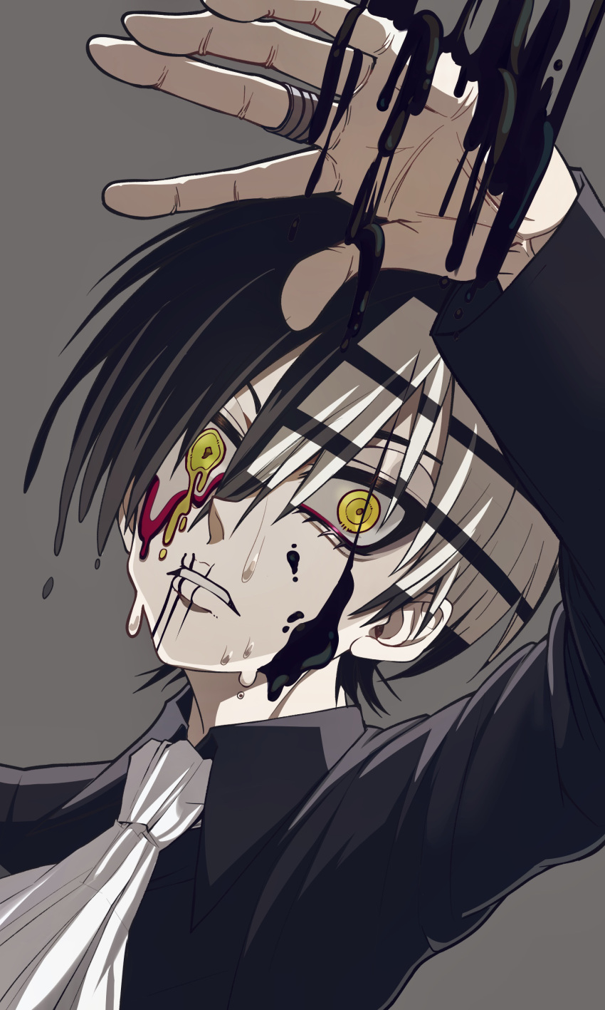 1boy, absurdres, ascot, black_blood, black_hair, black_jacket, blood, collared_jacket