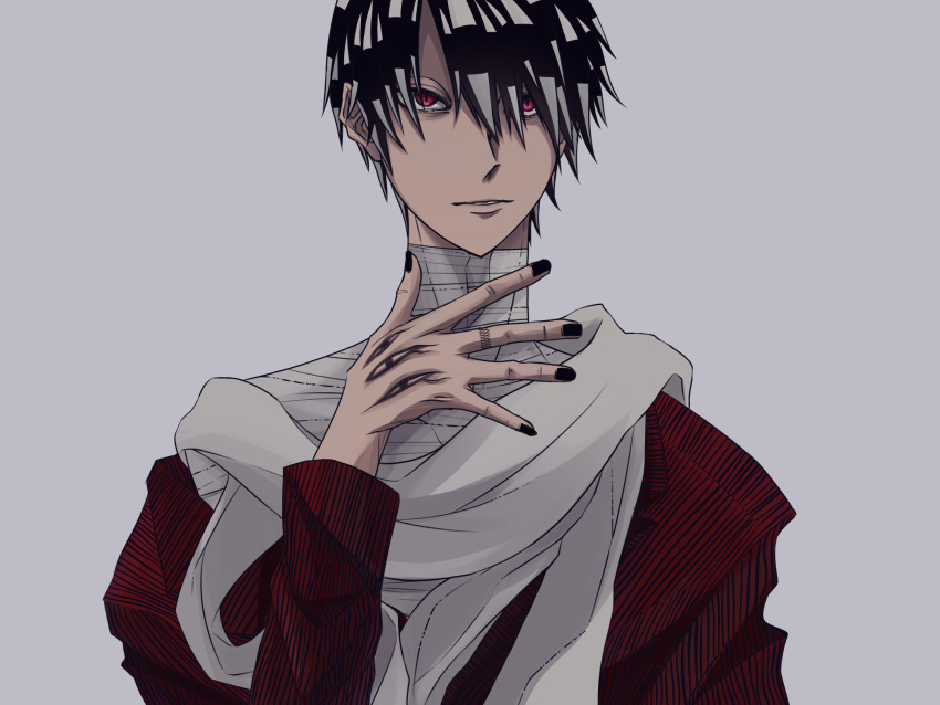 1boy, asura_(soul_eater), bandaged_neck, bandaged_torso, bandages, extra_eyes, finger_tattoo, hand_tattoo