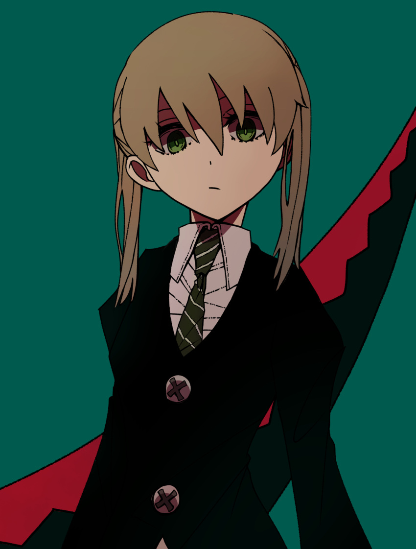 1girl, black_jacket, blonde_hair, cardigan, closed_jacket, collared_shirt, expressionless, green_background