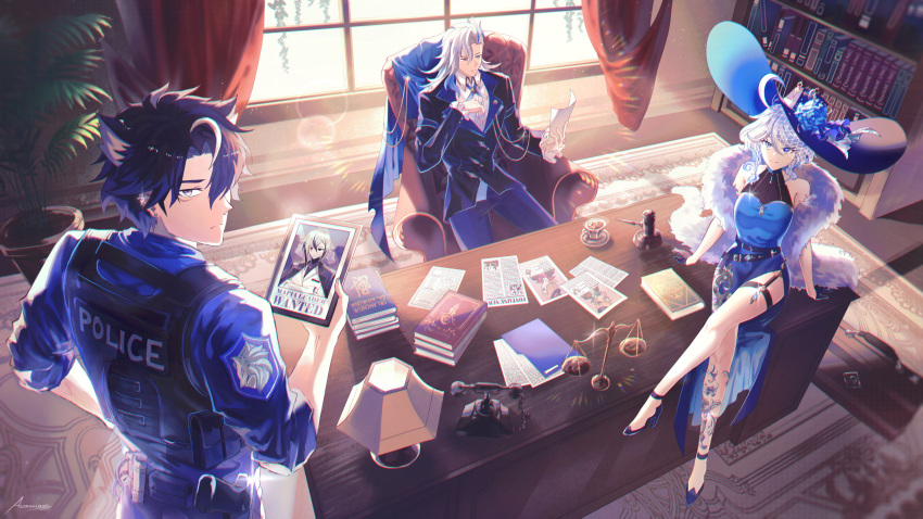 1girl, 2boys, absurdres, arlecchino_(genshin_impact), astrovique, black_hair, black_jacket, blue_dress