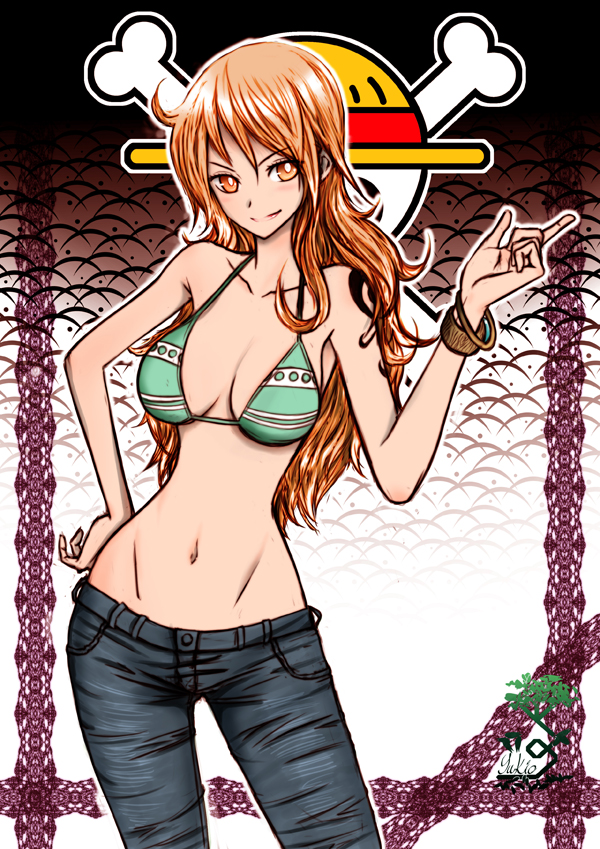 bikini_top, bracelet, hand_on_hip, hymir, jeans, jewelry, log_pose, long_hair, lowleg, lowleg_pants, nami, navel, one_piece, orange_hair, pants, straw_hats_jolly_roger