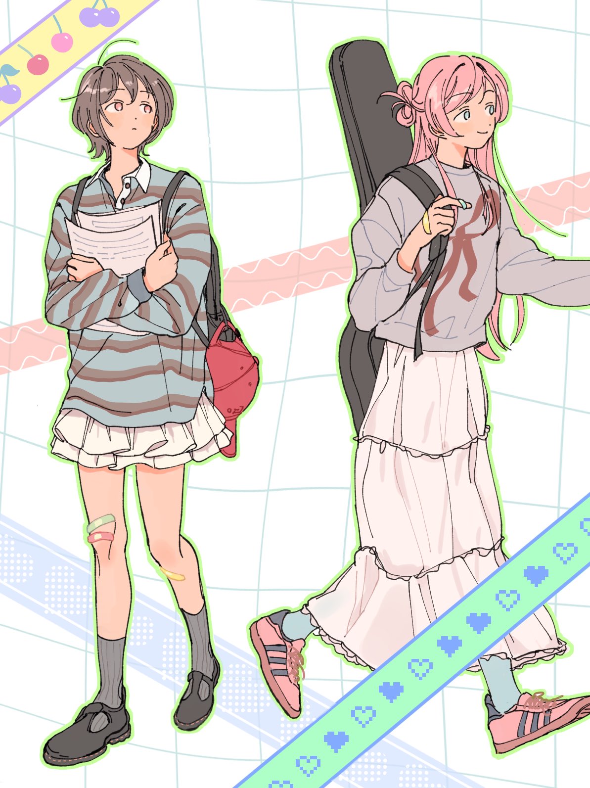 2girls, backpack, bag, bandaid, bandaid_on_hand, bandaid_on_leg, bang_dream!, bang_dream!_it's_mygo!!!!!