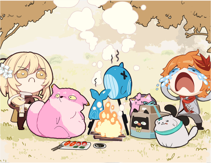 1boy, 2girls, aether_(genshin_impact), aether_(genshin_impact)_(cosplay), ahoge, animal, animal_ears, animal_nose