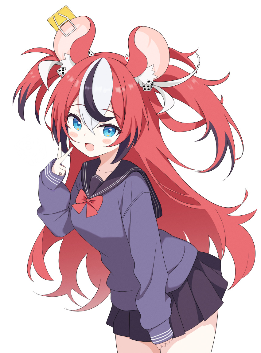 1girl, absurdres, alternate_costume, animal_ear_fluff, animal_ears, black_hair, black_sailor_collar, black_shirt, black_skirt, blue_eyes, blush, dice_hair_ornament, hair_ornament, hakos_baelz, highres, hololive, hololive_english, long_hair, mouse_ears, mouse_girl, multicolored_hair, ogossi, open_mouth, redhead, sailor_collar, shirt, skirt, smile, streaked_hair, twintails, two_side_up, v, virtual_youtuber, white_background, white_hair