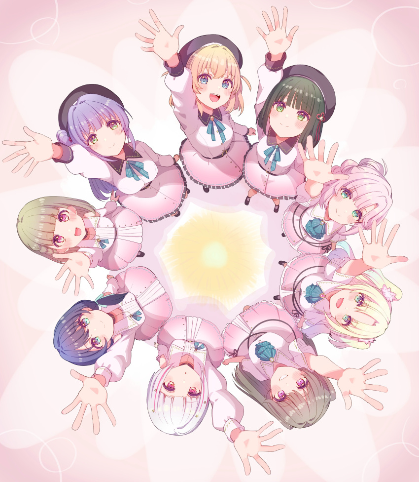 6+girls, :d, :o, absurdres, anyoji_hime, aqua_ascot, aqua_eyes, aqua_ribbon