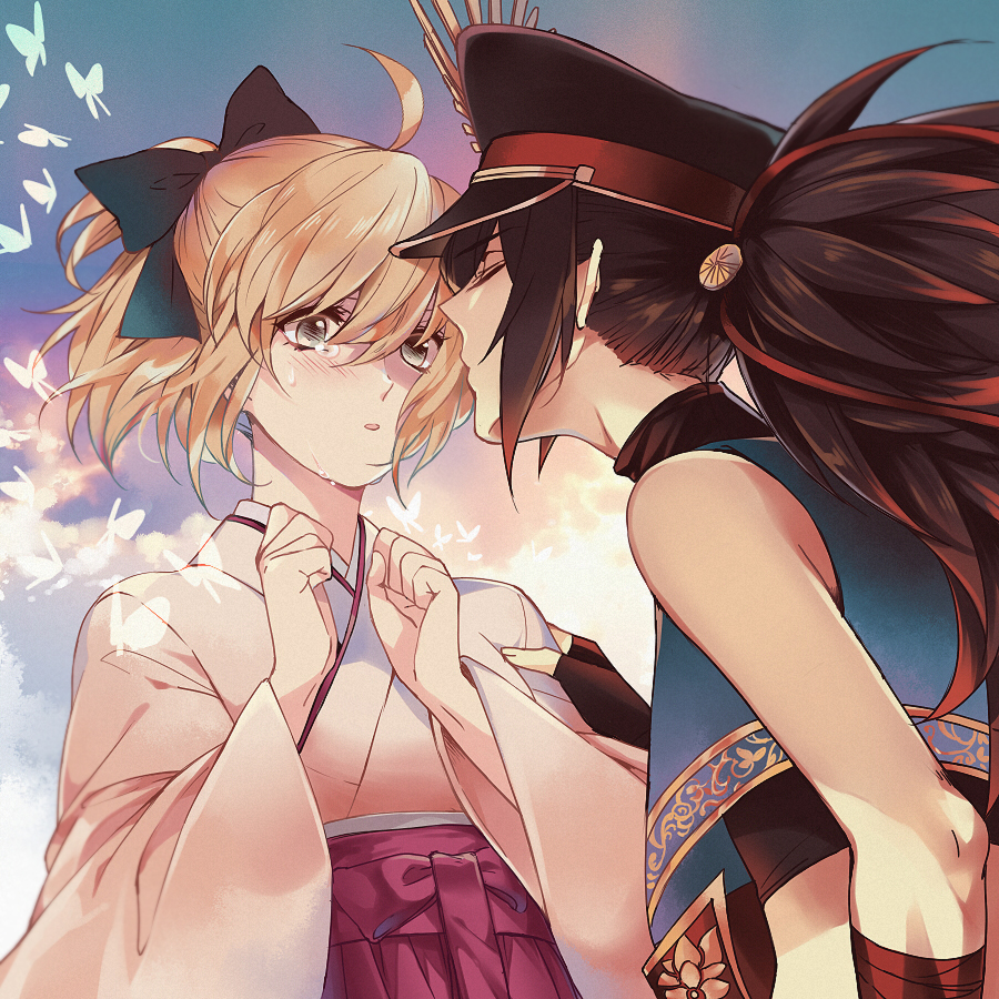 2girls, black_hair, blonde_hair, blush, bow, bug, butterfly, closed_eyes