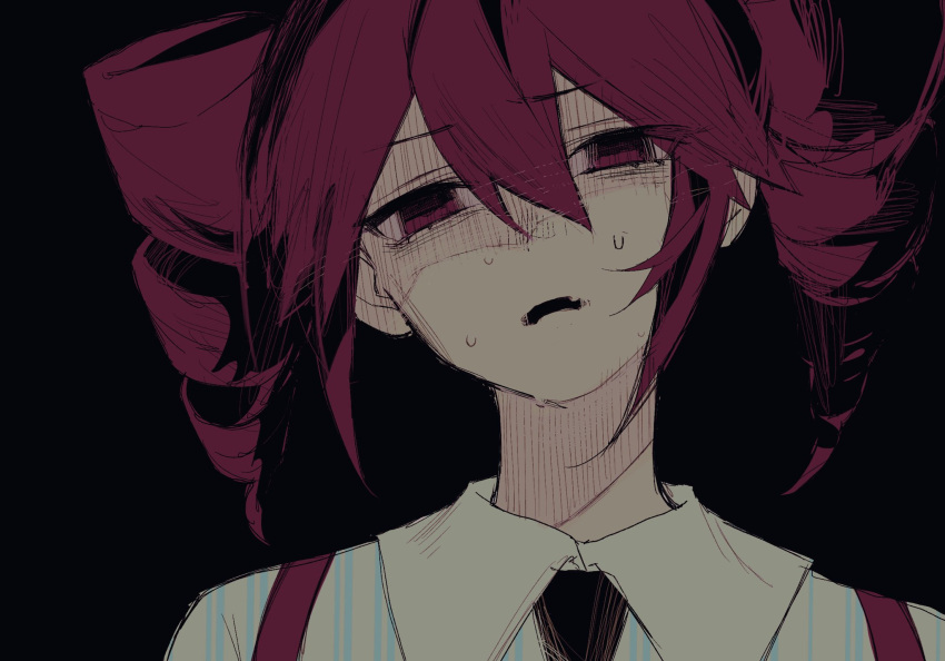 1girl, black_background, black_mouth, black_necktie, collared_shirt, empty_eyes, highres, kasane_teto