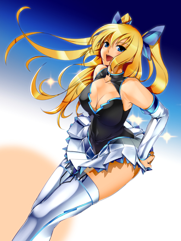 blonde_hair, blue_eyes, bow, bowa, breasts, bridal_gauntlets, campaign_girl, cleavage