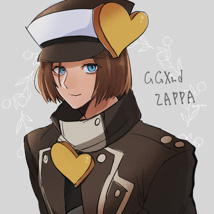 1boy, blue_eyes, brown_hair, cheesenaanlassi, guilty_gear, guilty_gear_xrd, hat, hat_ornament