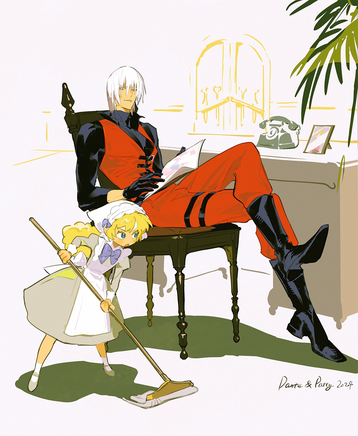 1, 1boy, 1girl, argentum_1121, blonde_hair, blue_eyes, braid, dante_(devil_may_cry), devil_may_cry_(series), dress, highres, jacket, maid, patty_lowell, smils, white_hair