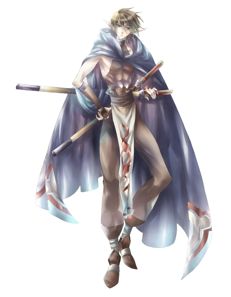cape, kanan_yt, oboro_(utawareru_mono), pointy_ears, short_hair, sword, utawareru_mono, weapon