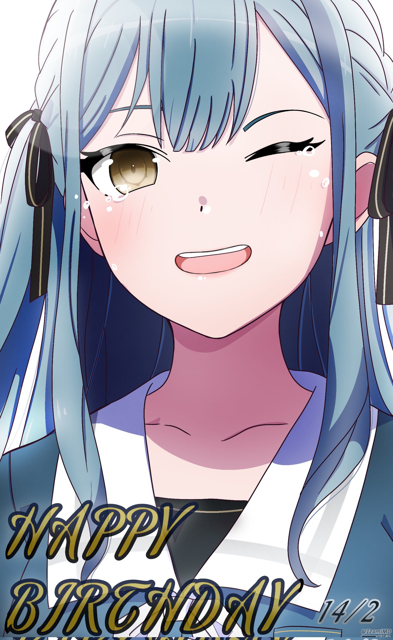 1girl, bang_dream!, bang_dream!_it's_mygo!!!!!, black_ribbon, blue_hair, blue_shirt, blush, commentary