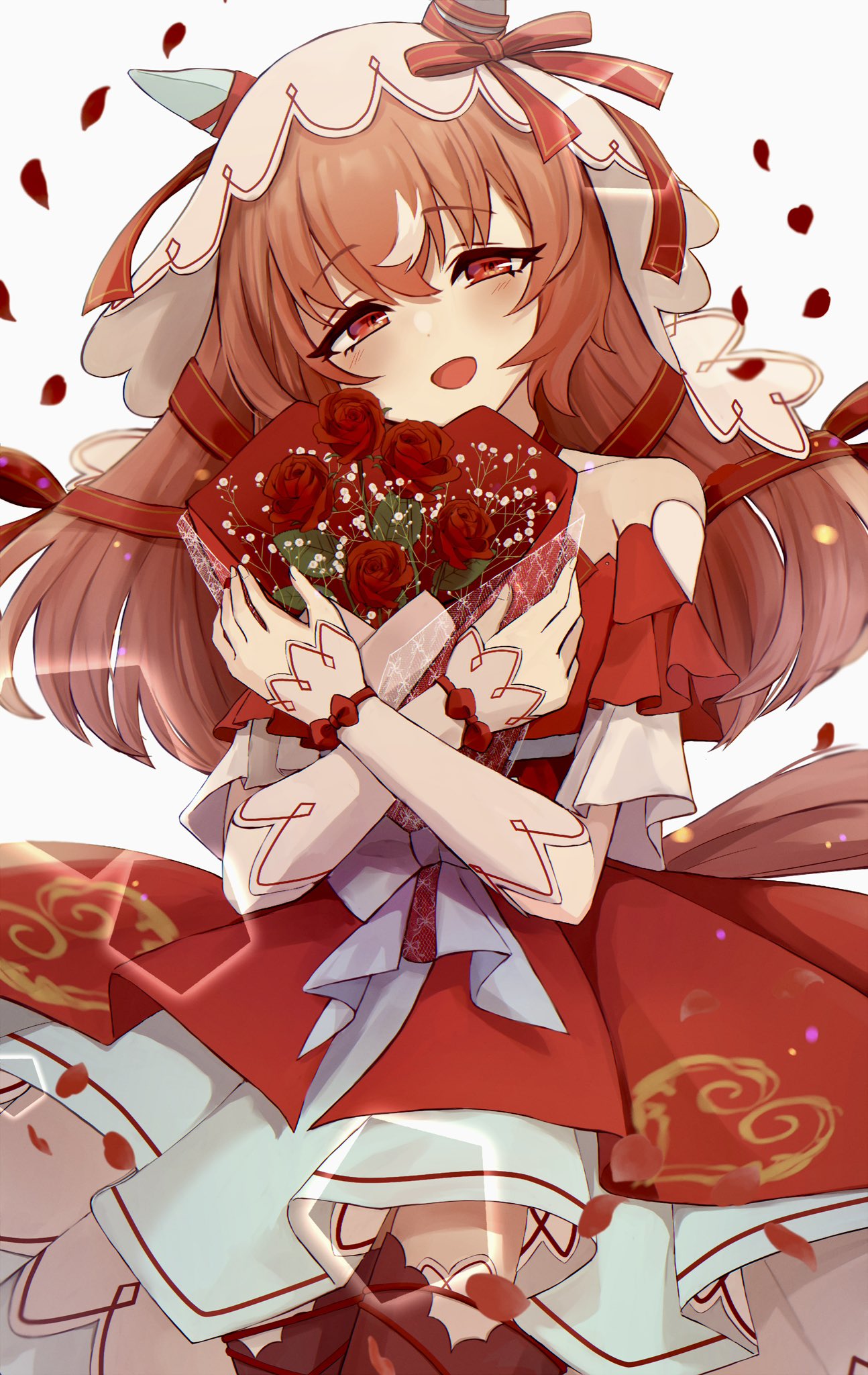 1girl, animal_ears, blush, brown_hair, collarbone, commentary_request, detached_sleeves, flower, hair_between_eyes, hair_ornament, highres, holding, holding_flower, horse_ears, horse_tail, hugging_object, looking_at_viewer, nakichi_n, petals, red_eyes, solo, still_in_love_(umamusume), tail, thigh-highs, umamusume, veil, white_background