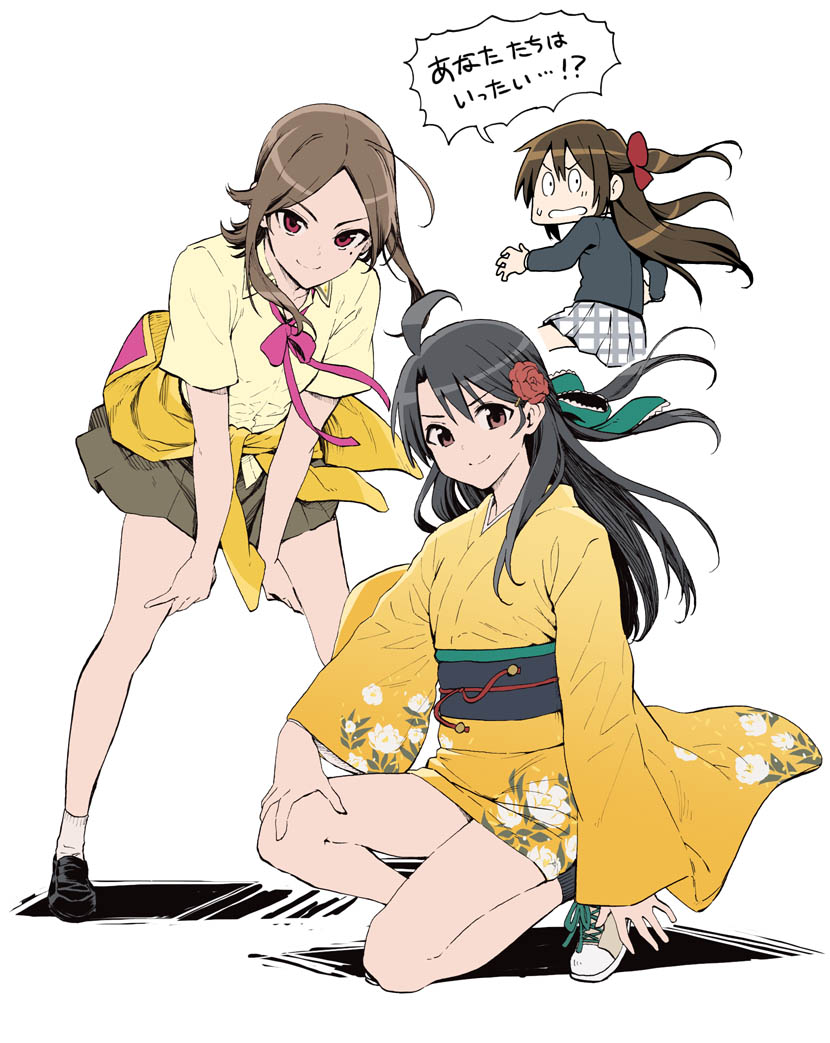 3girls, ahoge, ayanokoji_himeno, black_footwear, black_hair, black_jacket, bow, brown_eyes
