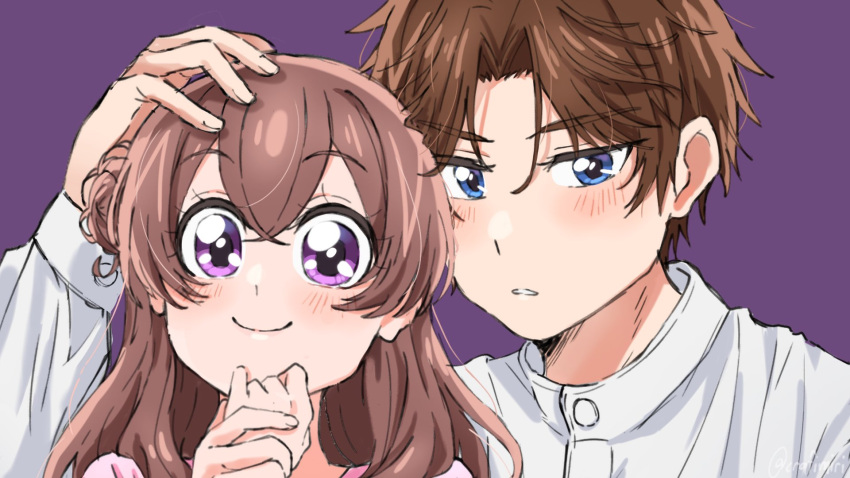 1boy, 1girl, arms_up, blush, close-up, couple, delicious_party_precure, hands_in_hair, hands_on_own_head, highres, long_hair, long_sleeves, miri_(crafimiri), nagomi_yui, own_hands_together, pale_skin, photo_shoot, precure, purple_background, raised_eyebrows, shinada_takumi, shirt, short_hair, smile, two-tone_eyes, white_shirt