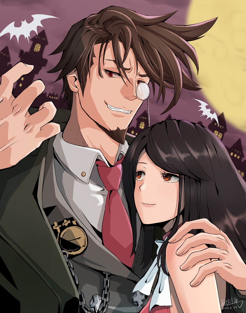 1boy, 1girl, bare_shoulders, beard, black_hair, brown_hair, dress, facial_hair