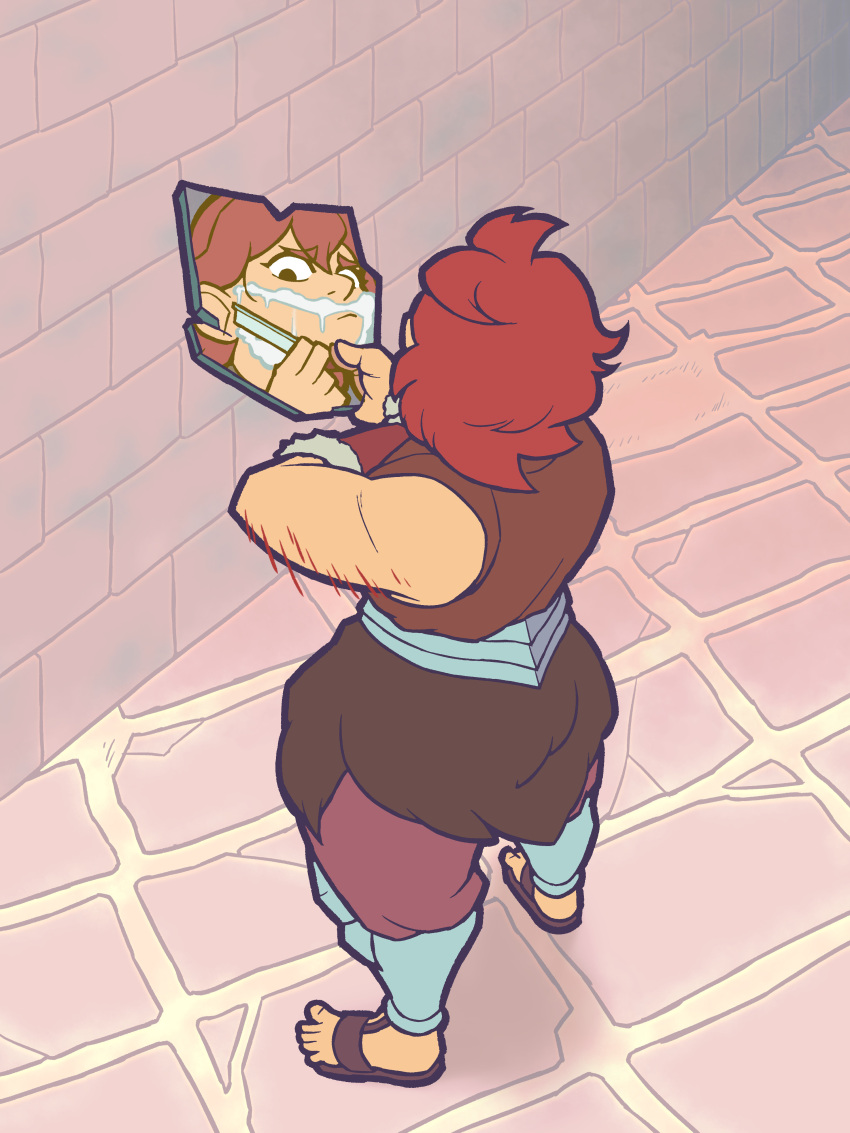 1girl, absurdres, brick_floor, dungeon_meshi, dwarf, edmendozaart, from_above, full_body