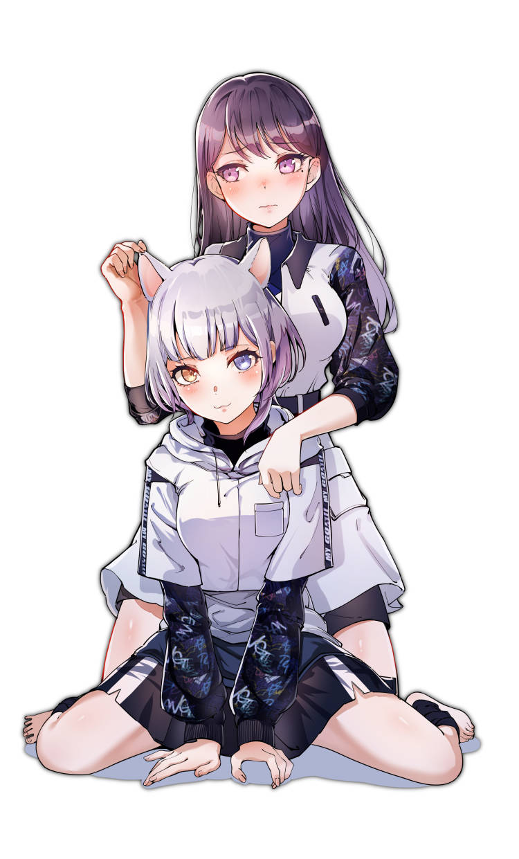 2girls, :3, animal_ears, bang_dream!, bang_dream!_it's_mygo!!!!!, barefoot, black_shirt, black_skirt, blue_eyes, blush, cat_ears, closed_mouth, collared_dress, dress, hand_on_another's_ear, heterochromia, highres, ina_(ani_ina), jacket, kaname_raana, kemonomimi_mode, medium_hair, mole, mole_under_eye, multiple_girls, purple_hair, shadow, shiina_taki, shirt, simple_background, sitting, skirt, violet_eyes, white_background, white_dress, white_hair, white_jacket, yellow_eyes