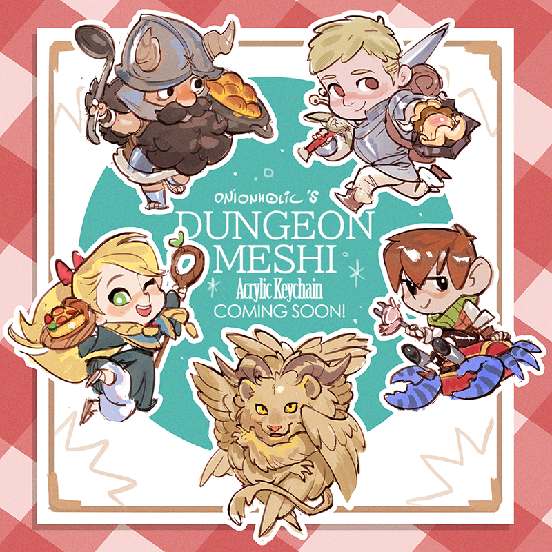 1girl, 4boys, armor, beard, brown_hair, chibi, chilchuck_tims, dungeon_meshi