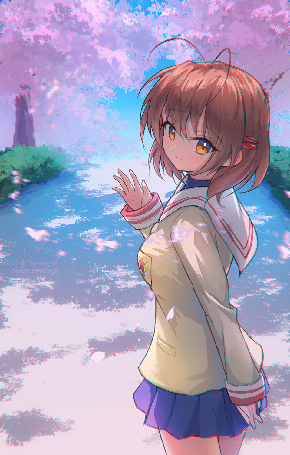 1girl, anniversary, antenna_hair, arm_behind_back, blazer, blue_skirt, brown_eyes, brown_hair