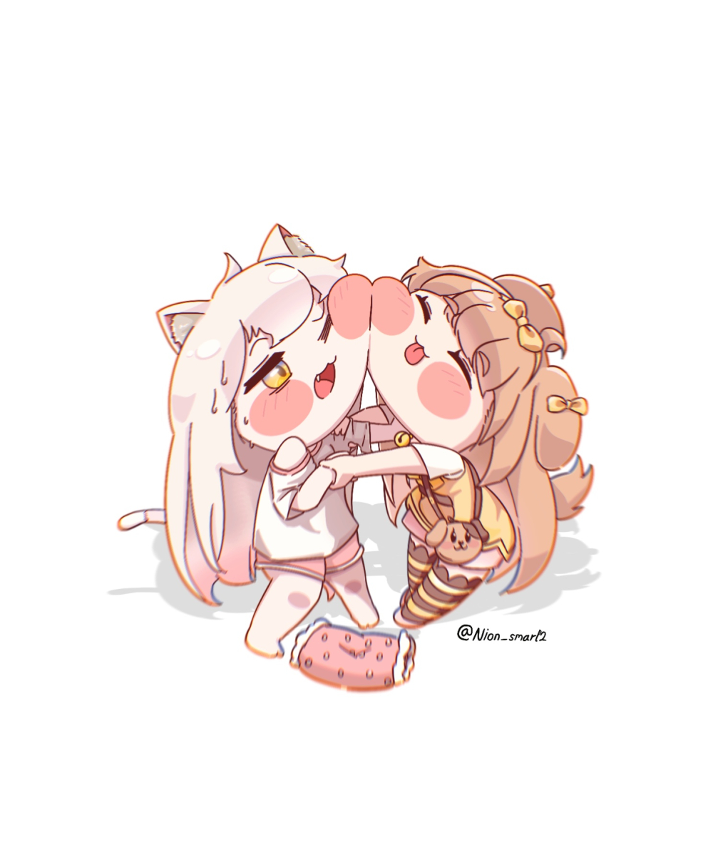 2girls, :3, :p, ahoge, animal_ear_fluff, animal_ears, barefoot, bell