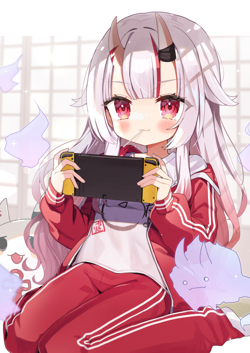 1girl, blush, gradient_hair, handheld_game_console, highres, holding, holding_handheld_game_console, hololive