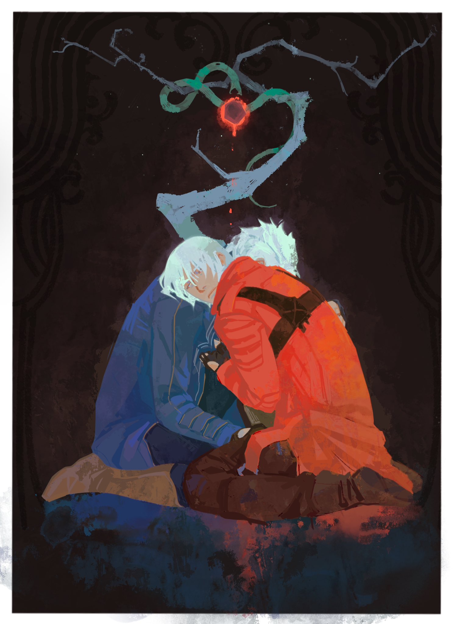2boys, blue_eyes, brothers, coat, dante_(devil_may_cry), devil_bringer, devil_may_cry_(series), devil_may_cry_3