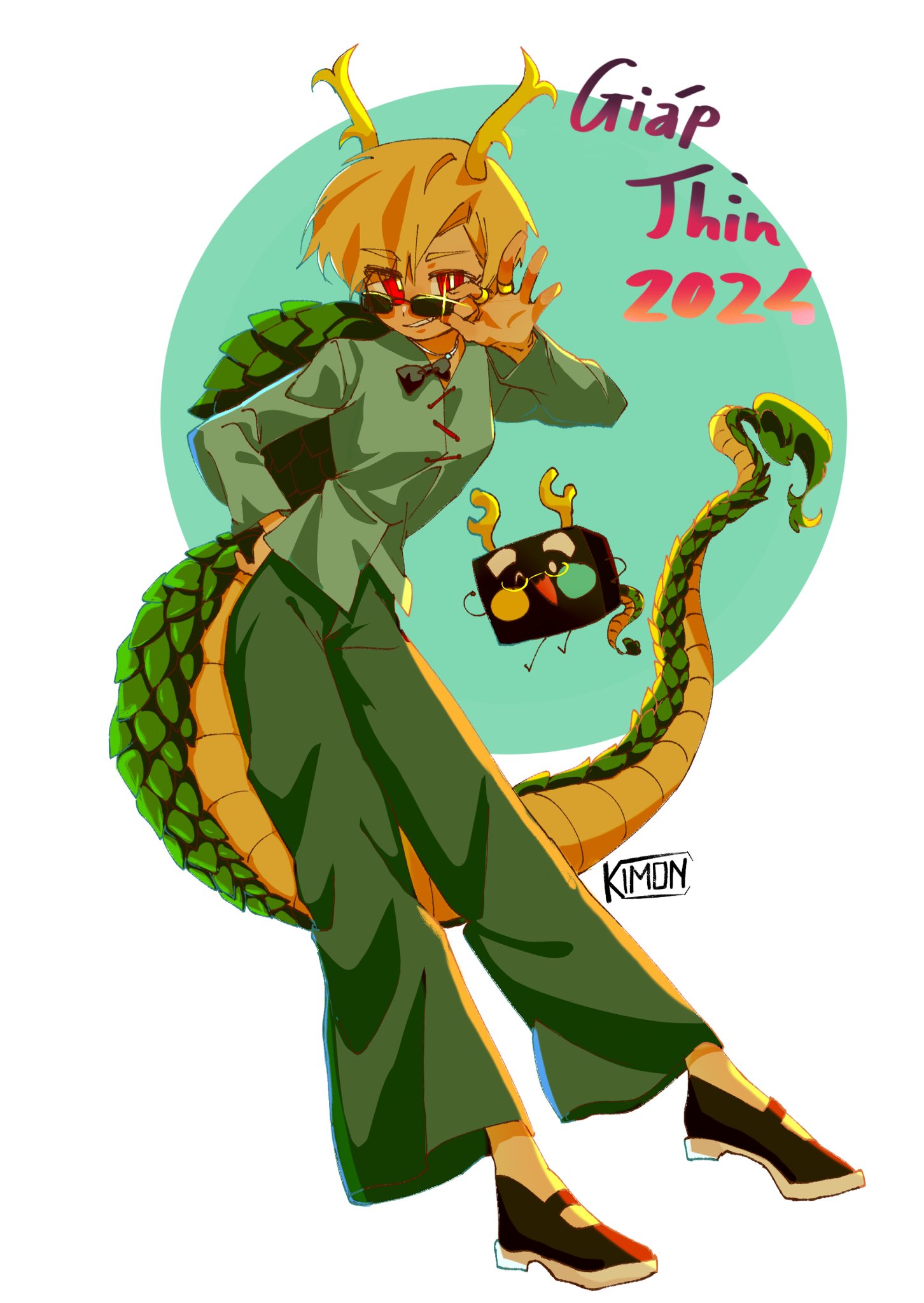1girl, 2024, artist_name, black_footwear, blonde_hair, bow, bowtie, chinese_zodiac