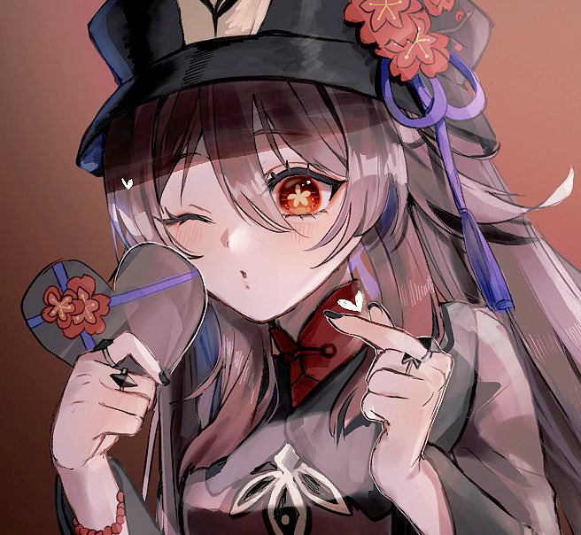 1girl, bead_bracelet, beads, black_hat, black_nails, blush, box, bracelet