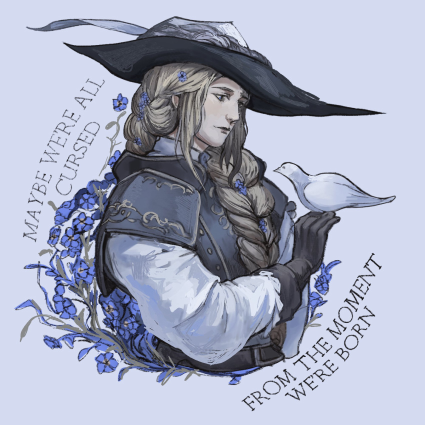 1girl, bird, blonde_hair, blue_robe, buriedinembers, dark_souls_(series), dark_souls_ii, english_text