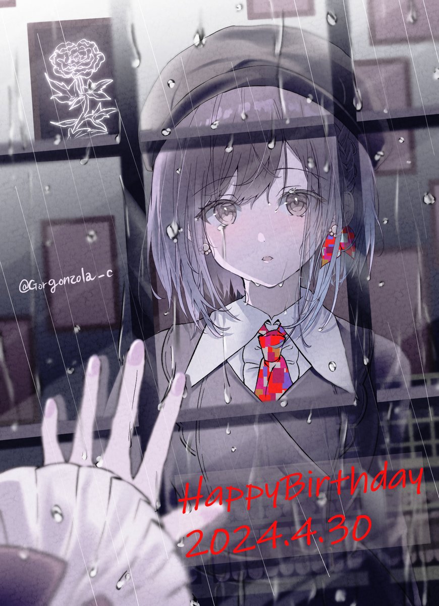 1girl, angst, birthday, brown_cardigan, brown_eyes, brown_hair, brown_hat, cabbie_hat, cardigan, collared_shirt, crying, dated, dot_nose, flower, frilled_sleeves, frills, glass, gorgonzola_c, grey_shirt, hand_on_glass, hat, highres, long_sleeves, necktie, open_mouth, pink_nails, project_sekai, rain, red_necktie, reflection, rose, shinonome_ena, shirt, solo, twitter_username, upper_body, water_drop, window