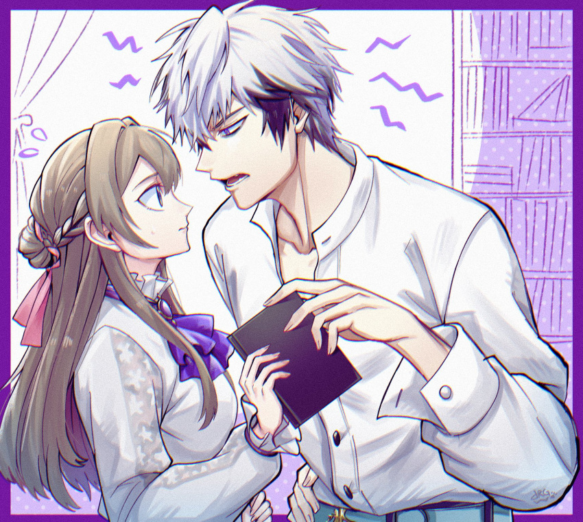 1boy, 1girl, annoyed, ascot, belt, black_hair, book, bookshelf