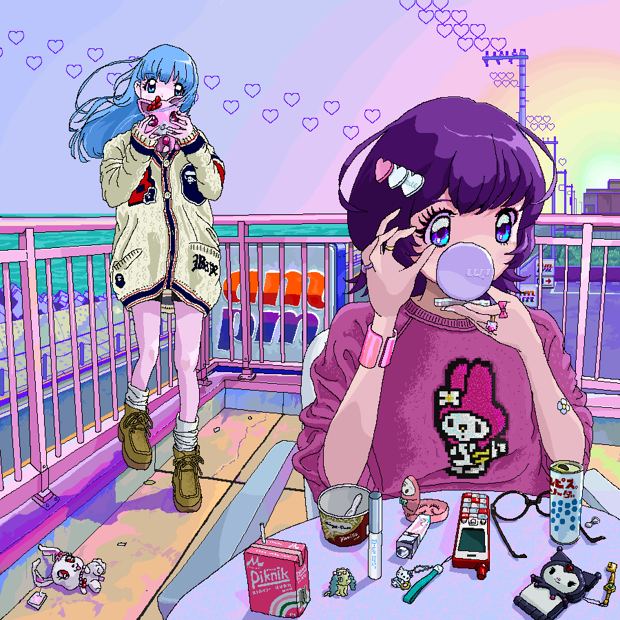 2girls, ace_akira, blue_hair, brown_footwear, cellphone, chair, glasses, heart