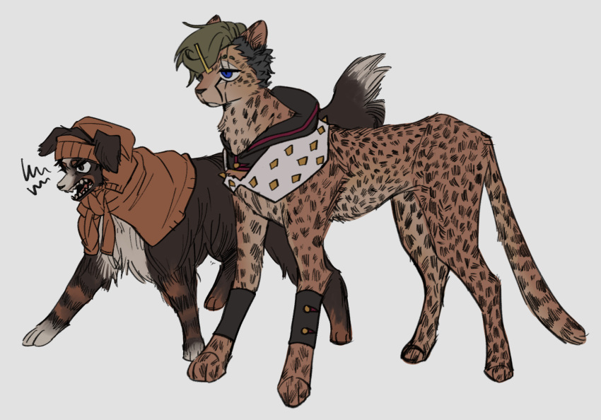 2boys, angry, animal_focus, animalization, barking, beanie, blue_eyes, brown_fur