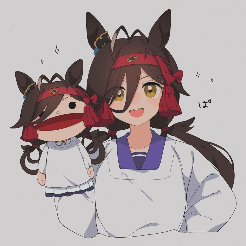 1girl, animal_ears, antenna_hair, apron, blush, breasts, brown_hair, collarbone, commentary_request, hair_between_eyes, hair_ornament, highres, horse_ears, kamijihoshiko, long_hair, looking_at_viewer, no_reason_(umamusume), portrait, puppet, school_uniform, short_hair, simple_background, small_breasts, twintails, umamusume, white_background, yellow_eyes