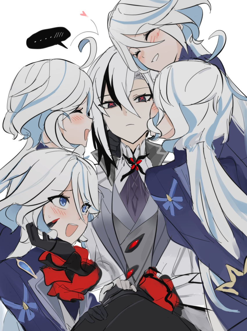 ..., 1yym, 5girls, ahoge, arlecchino_(genshin_impact), arms_behind_back, black_eyes, black_gloves