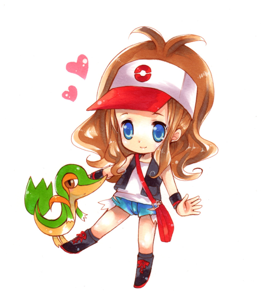 bag, baseball_cap, blue_eyes, boots, brown_hair, chibi, denim, denim_shorts