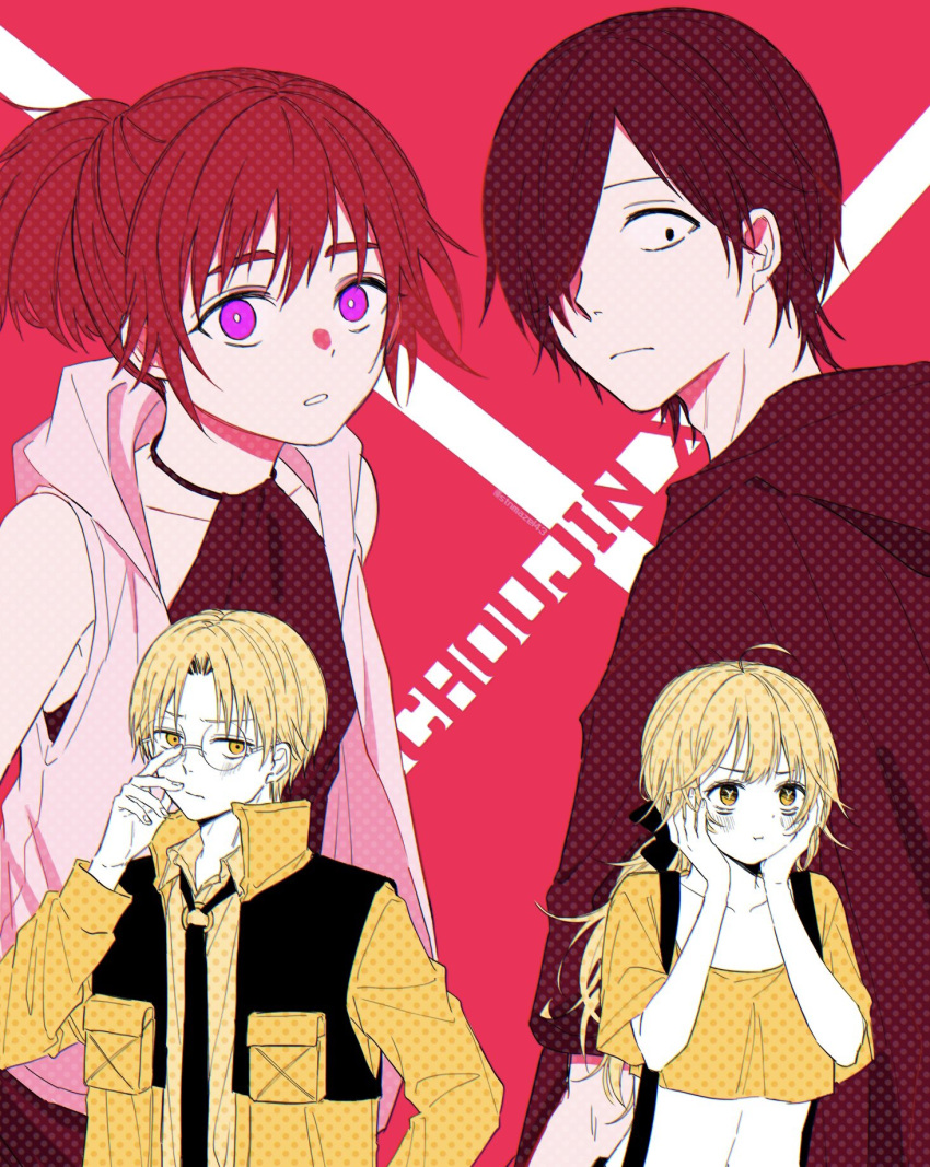 2boys, 2girls, black_hair, black_hoodie, blush, brown_hair, choujin_x, collared_jacket
