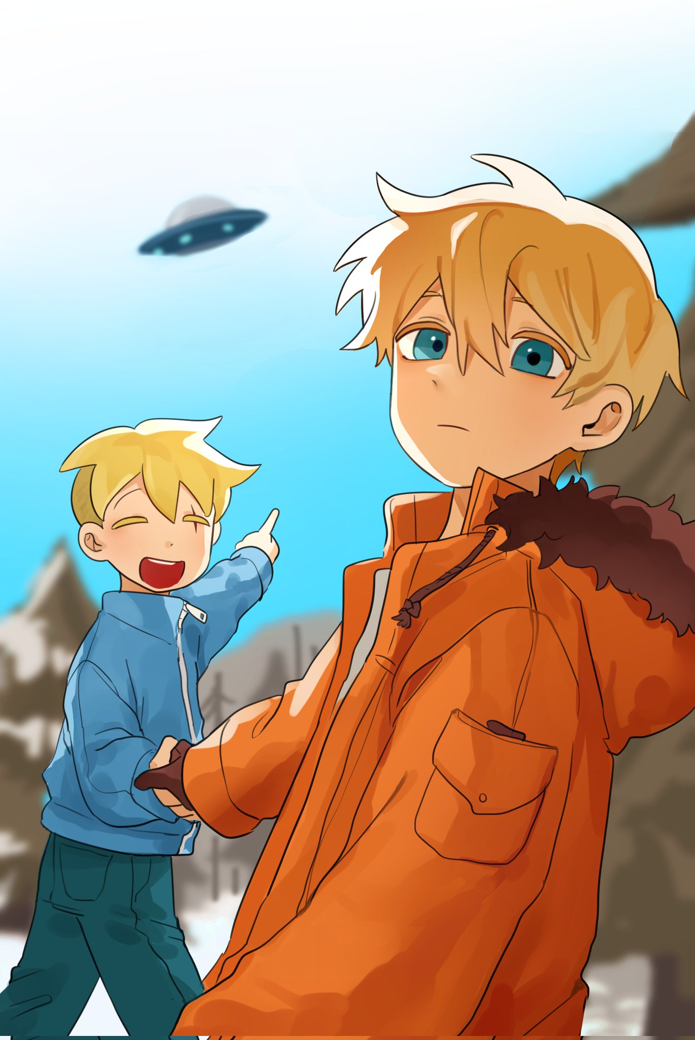 2boys, ^_^, blonde_hair, blue_eyes, blue_jacket, blue_sky, blurry, blurry_background