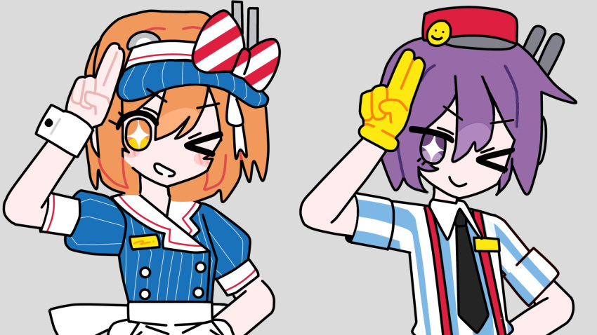 >_o, 2girls, a.i._voice, adachi_rei, apron, arm_up, black_necktie, blue_dress