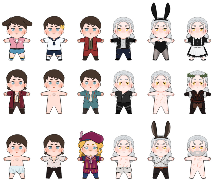 2boys, :3, alternate_costume, alternate_hair_color, alternate_hairstyle, animal_ears, apron, beard